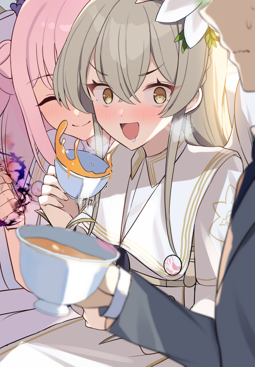 1boy, 2girls, black_flash_(jujutsu_kaisen), black_neckerchief, blue_archive, blush, braid, brown_eyes