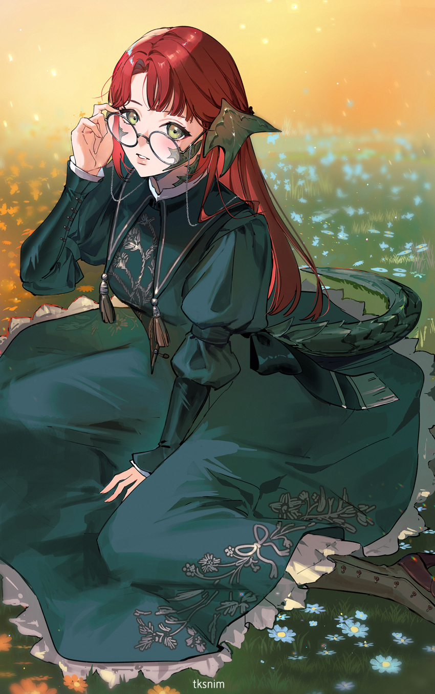 1girl, adjusting_eyewear, artist_name, au_ra, commentary, dragon_girl, dragon_horns, dragon_tail, dress, english_commentary, final_fantasy, final_fantasy_xiv, flower, glasses, grass, green_dress, green_eyes, halmarut_(ff14), hand_on_eyewear, highres, horns, juliet_sleeves, long_hair, long_sleeves, looking_at_viewer, parted_lips, puffy_sleeves, red_hair, round_eyewear, scales, sitting, solo, tail, tassel, tk_(tksnim), wariza