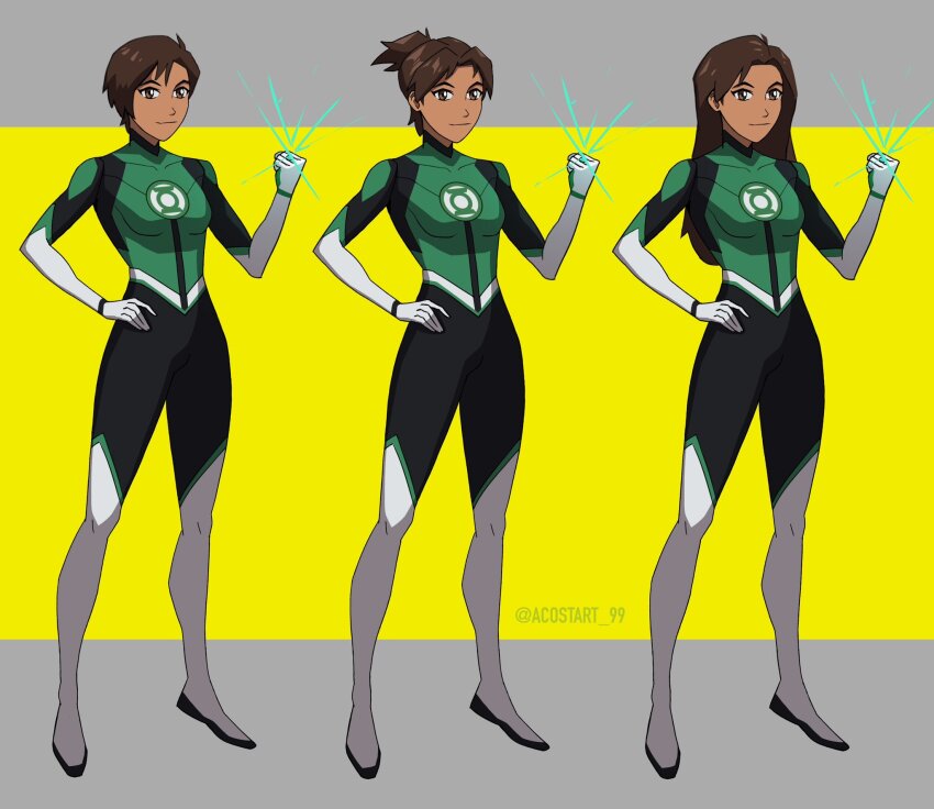 1girl, artist_name, bodysuit, boots, brown_hair, closed_mouth, dark-skinned_female, dark_skin, dc_comics, full_body, gloves, glowing_ring, green_lantern_(series), green_lantern_corps, hand_on_own_hip, highres, instagram_username, jessica_cruz, kristian_acosta, long_hair, long_legs, looking_at_viewer, multicolored_bodysuit, power_ring_(green_lantern), reference_sheet, short_hair, simple_background, smile, solo, standing, superhero_costume, taut_bodysuit, thighhighs, variations, white_boots
