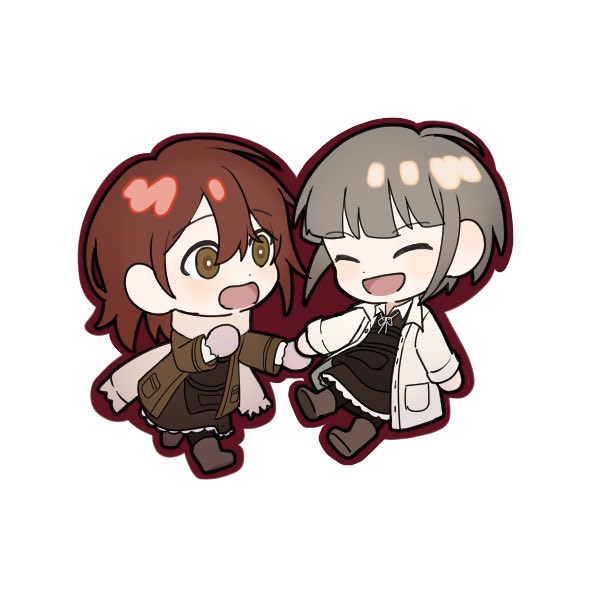 2girls, :d, asya_shubina, boots, bright_pupils, brown_coat, brown_eyes, brown_hair