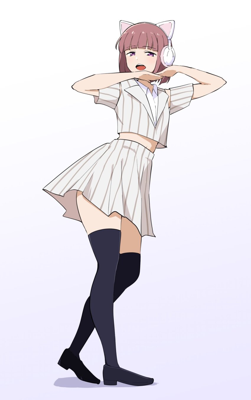 1girl, animal_ear_headphones, animal_ears, barkhorn0331, black_shoes, black_thighhighs, blunt_bangs, blunt_ends, bob_cut, brown_hair, cat_ear_headphones, cat_ears, clothing_cutout, collared_shirt, commentary_request, fake_animal_ears, full_body, headphones, highres, ikizulive!_love_live!_bluebird, jacket, loafers, looking_at_viewer, love_live!, midriff, miniskirt, open_mouth, pinstripe_jacket, pinstripe_pattern, pinstripe_shirt, pinstripe_skirt, pleated_skirt, purple_eyes, sasaki_shion, shirt, shoes, short-sleeved_jacket, short_sleeves, shoulder_cutout, silent_stella_(love_live!), simple_background, skirt, smile, solo, teeth, thighhighs, upper_teeth_only, what_is_my_life?_(love_live!), white_background, white_jacket, white_shirt, white_skirt, zettai_ryouiki