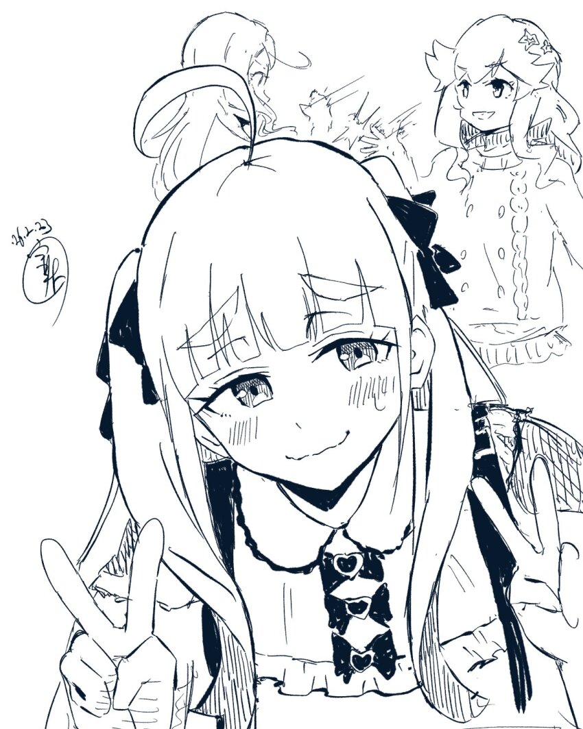 2girls, ahoge, blunt_bangs, blush, bow, chofu_noriko, commentary, dated, defeat, double_v, greyscale, grin, hair_bow, hashtag-only_commentary, highres, ikizulive!_love_live!_bluebird, kanazawa_miracle, long_hair, love_live!, minoritea_(love_live!), monochrome, multiple_girls, multiple_views, neckerchief, rock_paper_scissors, simple_background, smile, sweater, thick_eyebrows, two_side_up, ui_yukito, untranslatable_commentary, v, white_background