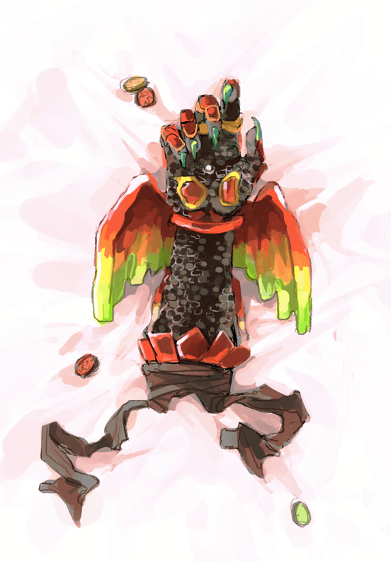 1boy, ankh_(ooo), bandages, bed, bed_sheet, bird, claws, dakimakura_(medium), disembodied_hand, green_claws, hawk, jewelry, kamen_rider, kamen_rider_ooo_(series), lying, male_focus, medal, monster, monster_boy, monster_hand, on_back, on_bed, ring, sharp_claws, winged_arms, wings