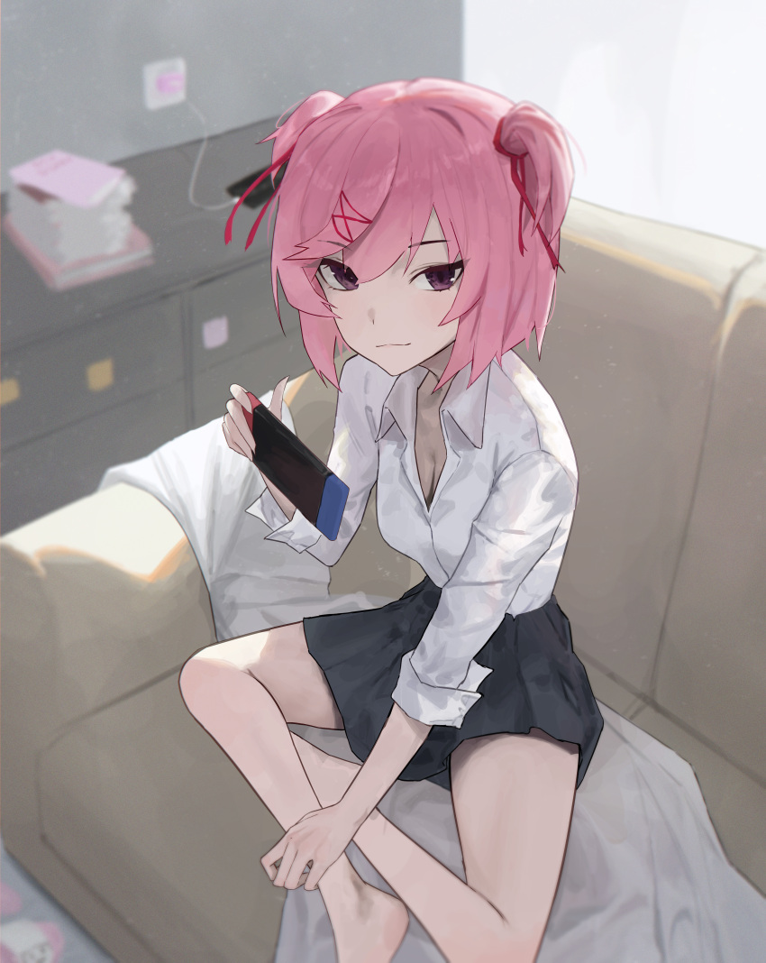 1girl, :3, absurdres, barefoot, black_skirt, blanket, blurry, blurry_background