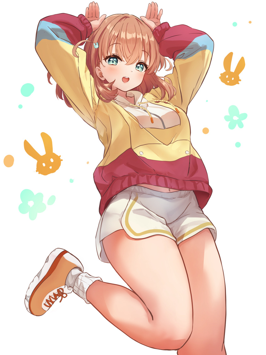 1girl, :d, absurdres, aqua_eyes, arms_up, blue_hoodie, breasts, character_logo, commentary, flower_symbol, foot_out_of_frame, hair_ornament, highres, hinoshita_kaho, hinoshita_kaho_(winter_training_wear), hood, hood_down, hoodie, leg_up, link!_like!_love_live!, long_sleeves, looking_at_viewer, love_live!, medium_breasts, medium_hair, midriff_peek, multicolored_hoodie, navel, nekomaru_nisei, open_mouth, orange_hair, orange_shoes, rabbit_hair_ornament, rabbit_pose, red_hoodie, shoes, short_shorts, shorts, smile, sneakers, solo, teeth, two_side_up, upper_teeth_only, virtual_youtuber, white_shorts, yellow_hoodie