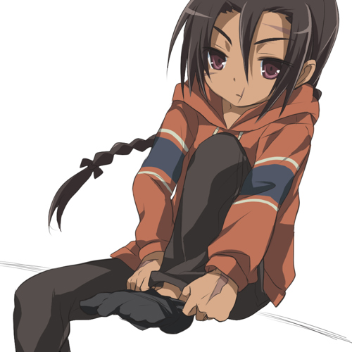 1boy, black_hair, brown_eyes, hood, hoodie, khamsin_nbh'w, long_hair, lowres, male_focus, scar, shakugan_no_shana, socks, solo, tachitsu_teto