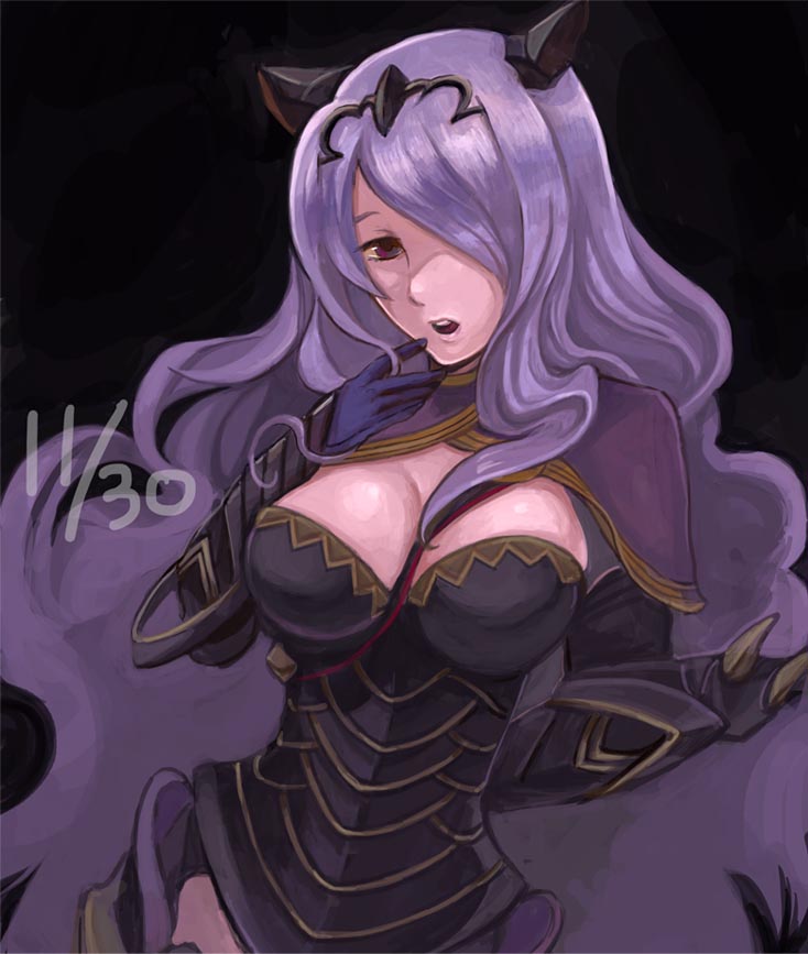 1girl, armor, bikini_armor, black_armor, breasts, camilla_(fire_emblem), cleavage, commentary_request