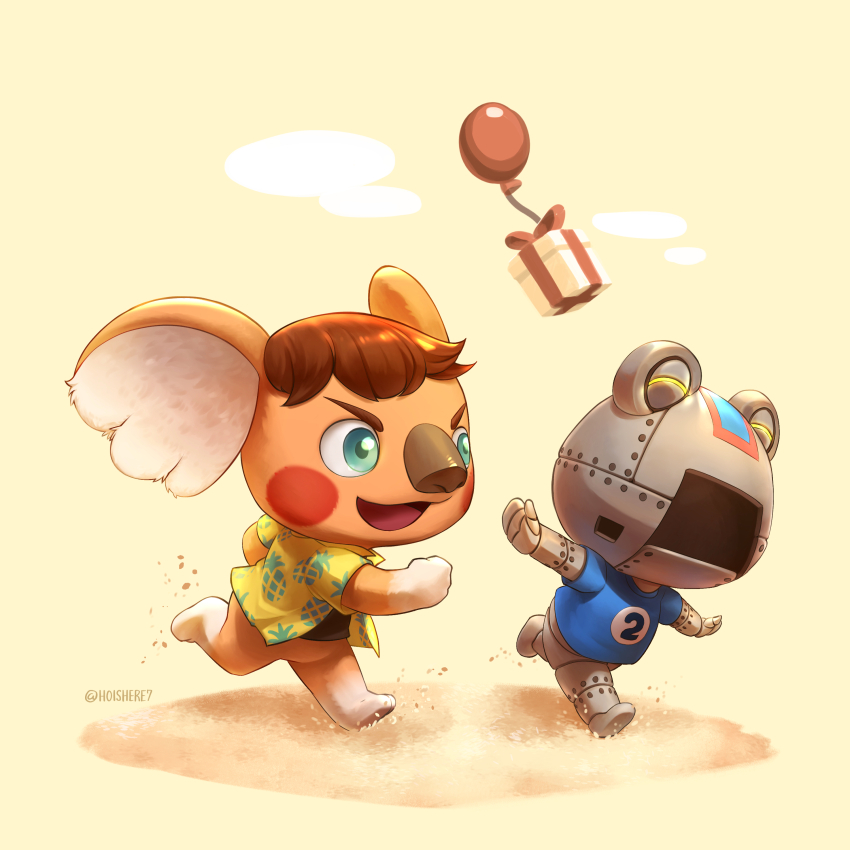 1boy, 1girl, absurdres, animal_crossing, balloon, blue_eyes, blue_shirt, brown_hair