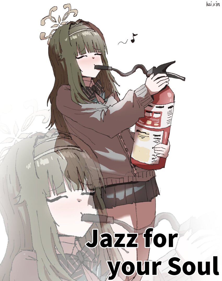 1girl, artist_name, black_skirt, blue_archive, bow, bowtie, brown_halo, cardigan