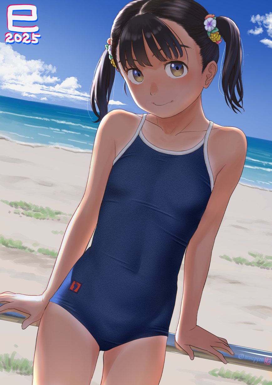 1girl, 2025, beach, black_hair, blue_one-piece_swimsuit, brown_eyes, competition_school_swimsuit, covered_navel