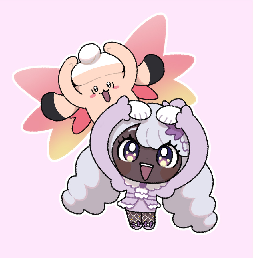 1girl, arms_up, blush_stickers, chibi, clefable, commentary_request, dark-skinned_female, dark_skin