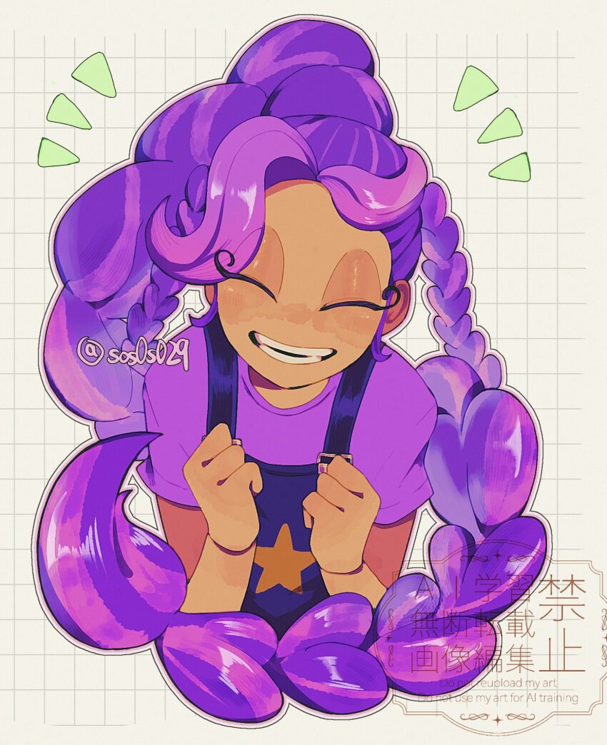 1girl, braid, clenched_hands, closed_eyes, commentary_request, doll_joints, grid_background, highres