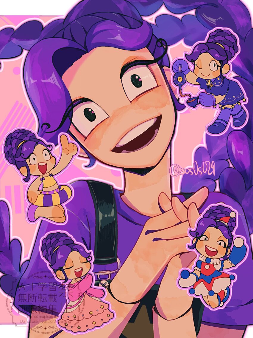 1girl, black_eyes, braid, chibi, chibi_inset, closed_eyes, commentary, cup, doll_joints, dress, english_commentary, hat, highres, holding, holding_cup, holding_teapot, innertube, jester_costume, joints, lily_lovebraids, looking_at_viewer, multiple_braids, no_eyebrows, one_eye_closed, own_hands_together, pink_dress, poppy_playtime, purple_hair, purple_shirt, santa_hat, shirt, smile, sos0s029, swim_ring, swimsuit, teacup, teapot, teeth, twitter_username, updo