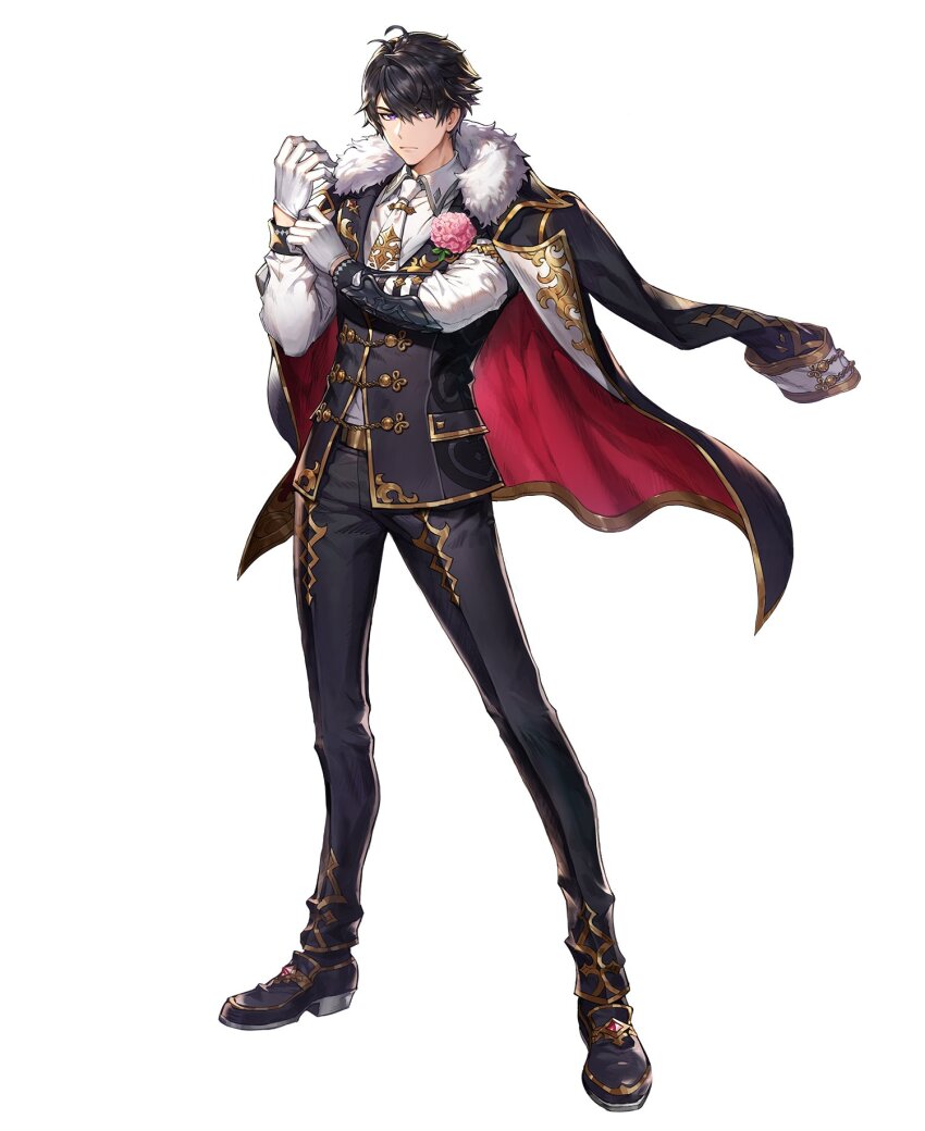 1boy, adjusting_clothes, adjusting_gloves, ahoge, artist_request, black_coat, black_hair, black_pants