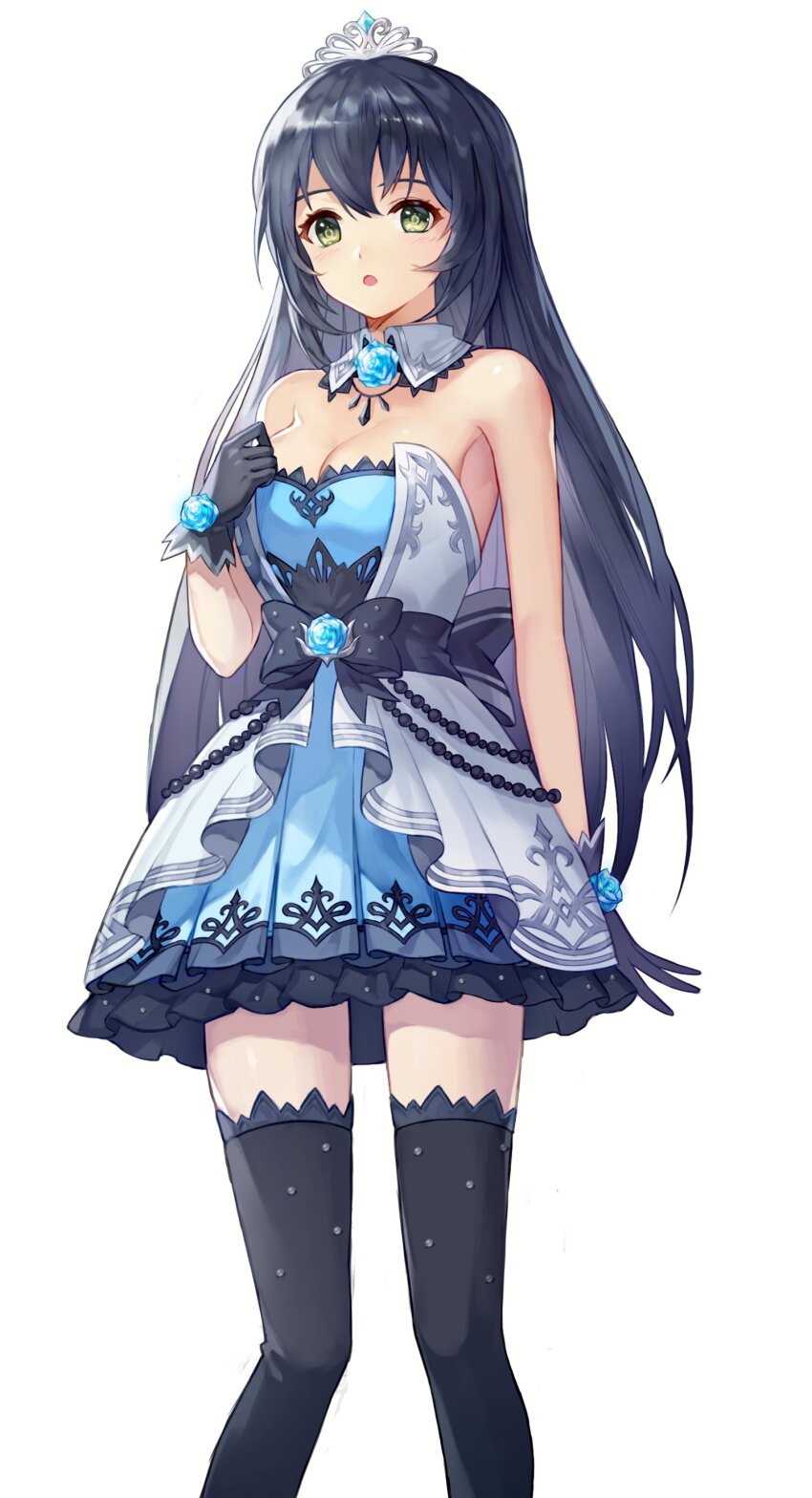 1girl, absurdres, arm_behind_back, artist_request, back_ribbon, beads, black_dress, black_gloves