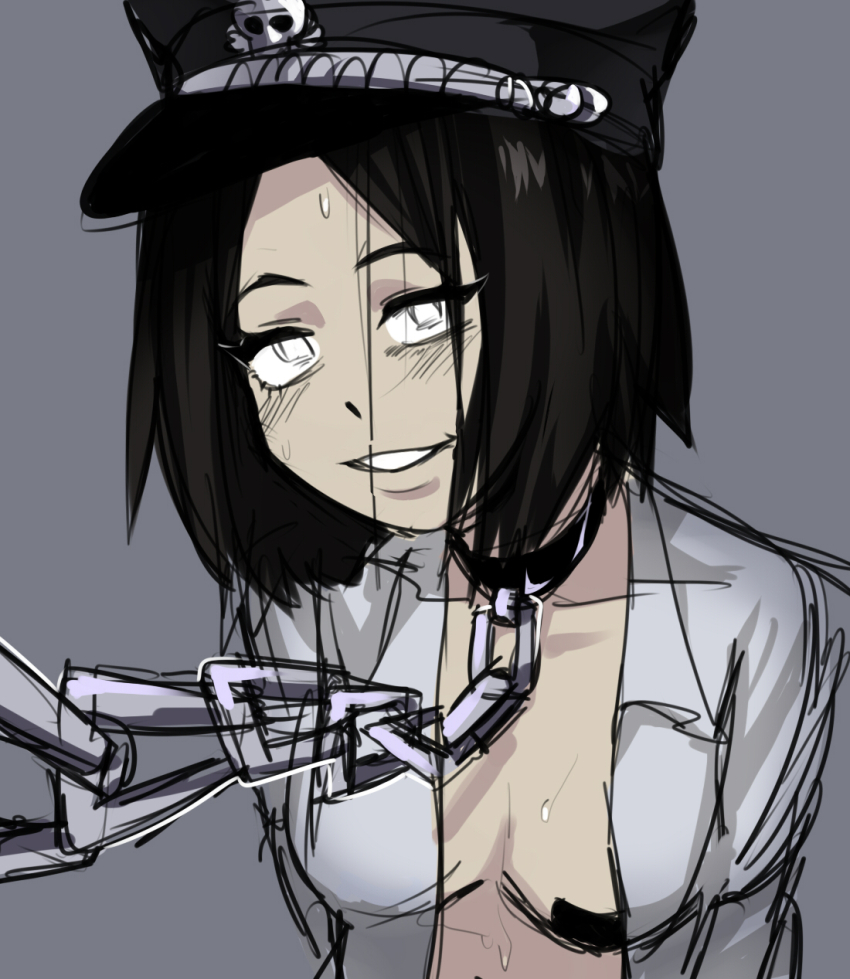 1girl, black_hair, blush, bob_cut, breasts, chain, chain_leash, collarbone