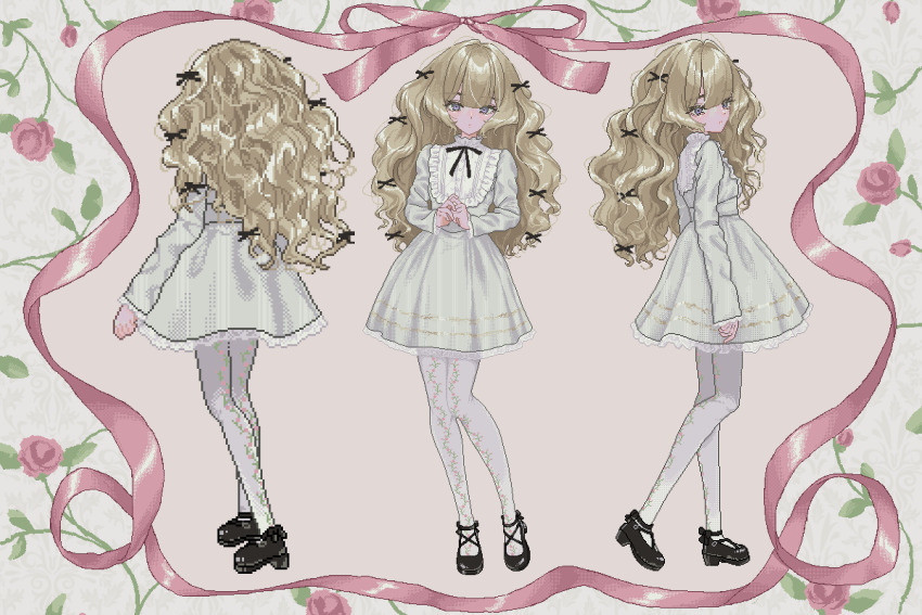 1girl, absurdres, black_shoes, blonde_hair, bow, dress, expressionless, flower