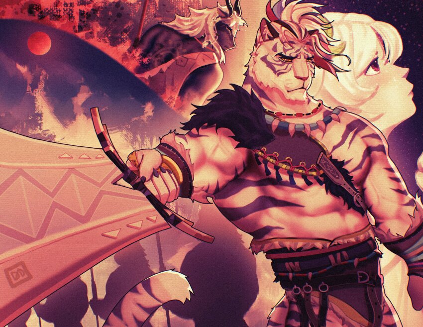 1girl, 2boys, abs, absurdres, afk_(series), afk_journey, animal_ears, bara, claws, closed_mouth, commentary, douand0, english_commentary, from_behind, from_side, full_moon, furry, furry_male, gala_(afk), goat_boy, goat_ears, goat_horns, highres, holding, holding_sword, holding_weapon, horns, kordan_(afk), looking_at_viewer, male_focus, moon, multiple_boys, muscular, muscular_male, nazrik_(afk), pectorals, ponytail, profile, red_eyes, red_moon, sword, tail, tiger_boy, tiger_ears, tiger_stripes, tiger_tail, weapon, white_hair