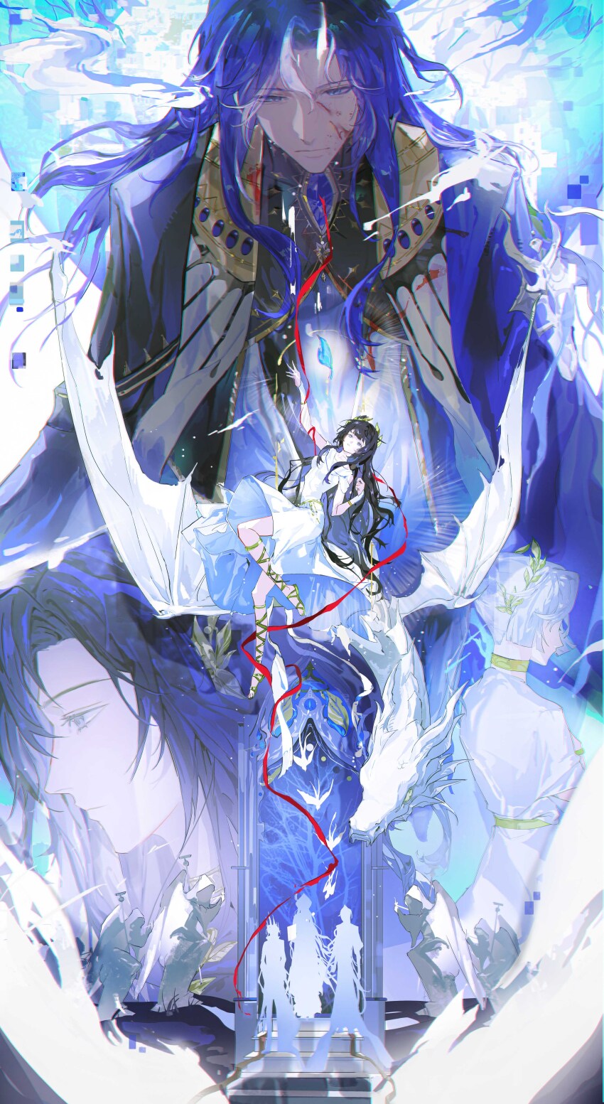 2girls, 4boys, absurdres, alkaid_mcgrath, alkaid_mcgrath_(god_forsaken_land), angel_statue, arm_up, ayn_alwyn, ayn_alwyn_(god_forsaken_land), bare_tree, black_cape, black_hair, black_shirt, blood, blood_on_face, blue_eyes, blue_gem, blue_hair, blunt_bangs, bridal_gauntlets, cape, chinese_commentary, clarence_clayden, clarence_clayden_(god_forsaken_land), closed_mouth, curtained_hair, dragon, dress, expressionless, full_body, gem, gladiator_sandals, glitch, heroine_(lovebrush_chronicles), highres, knee_up, lars_rorschach, lars_rorschach_(god_forsaken_land), laurel_crown, leaf, long_hair, looking_at_viewer, lovebrush_chronicles, medium_dress, mole, mole_under_eye, multicolored_hair, multiple_boys, multiple_girls, multiple_views, parted_bangs, pointed_crown, ponytail, profile, red_ribbon, ribbon, robe, sandals, shirt, short_sleeves, silhouette, statue, stole, streaked_hair, suchi_(weibo_3321178252), throne, tree, upper_body, wavy_hair, western_dragon, white_bridal_gauntlets, white_dress, white_hair, white_robe