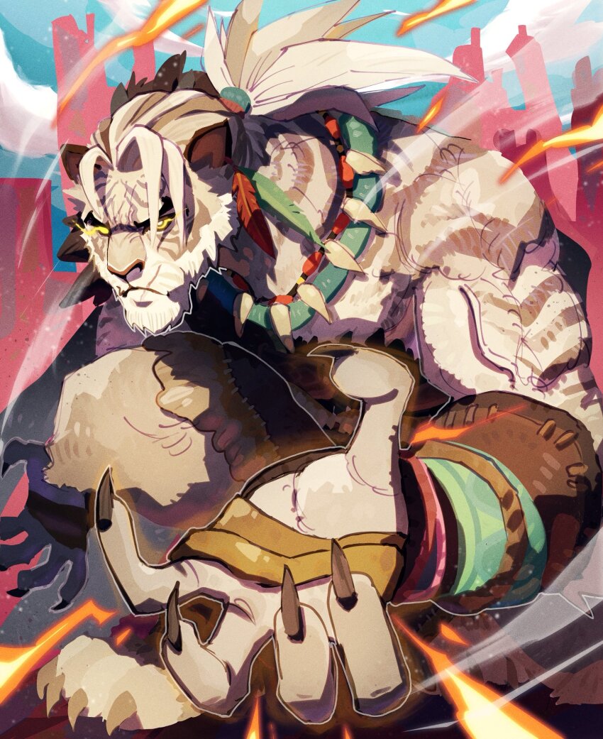 1boy, afk_(series), afk_journey, animal_ears, bara, biceps, claws, closed_mouth