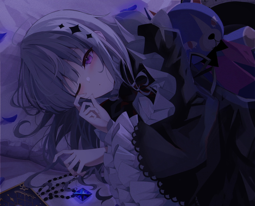 1girl, absurdres, acid_(maimai), black_dress, black_ribbon, blush, book, commentary_request