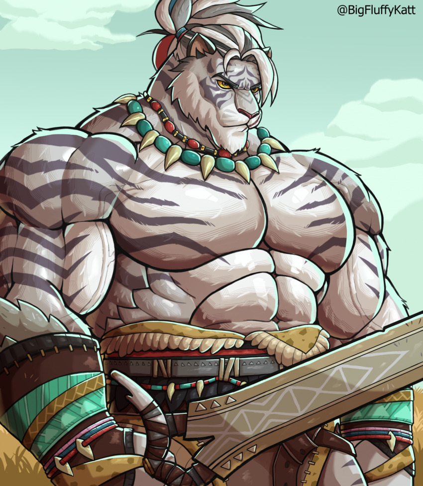 1boy, abs, afk_(series), afk_journey, animal_ears, artist_name, bara, biceps, bigfluffykatt, closed_mouth, colored_sclera, commentary, english_commentary, furry, furry_male, highres, holding, holding_sword, holding_weapon, jewelry, kordan_(afk), looking_at_viewer, male_focus, muscular, muscular_male, necklace, pectorals, ponytail, scar, scar_on_face, scar_on_mouth, sword, tiger_boy, tiger_ears, tiger_stripes, topless_male, weapon, yellow_sclera