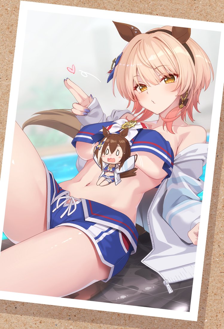 2girls, animal_ears, bikini, blonde_hair, blowing_kiss, blue_bikini, blue_shorts, blush