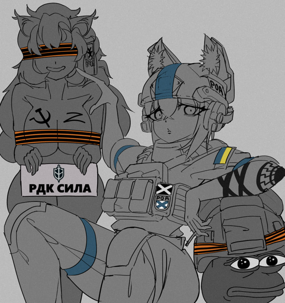 1other, 2girls, alpha_(alpha_1918), animal_ear_fluff, animal_ears, arm_tattoo, armband, black_sun_(symbol)