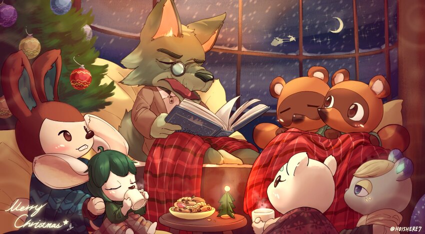 3boys, 4girls, animal_crossing, bedtime_story, blanket, bree_(animal_crossing), carmen_(animal_crossing), christmas