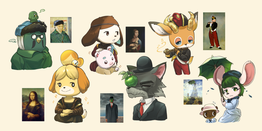 ..., 4boys, 4girls, absurdres, animal_crossing, apple, beau_(animal_crossing), bird_boy