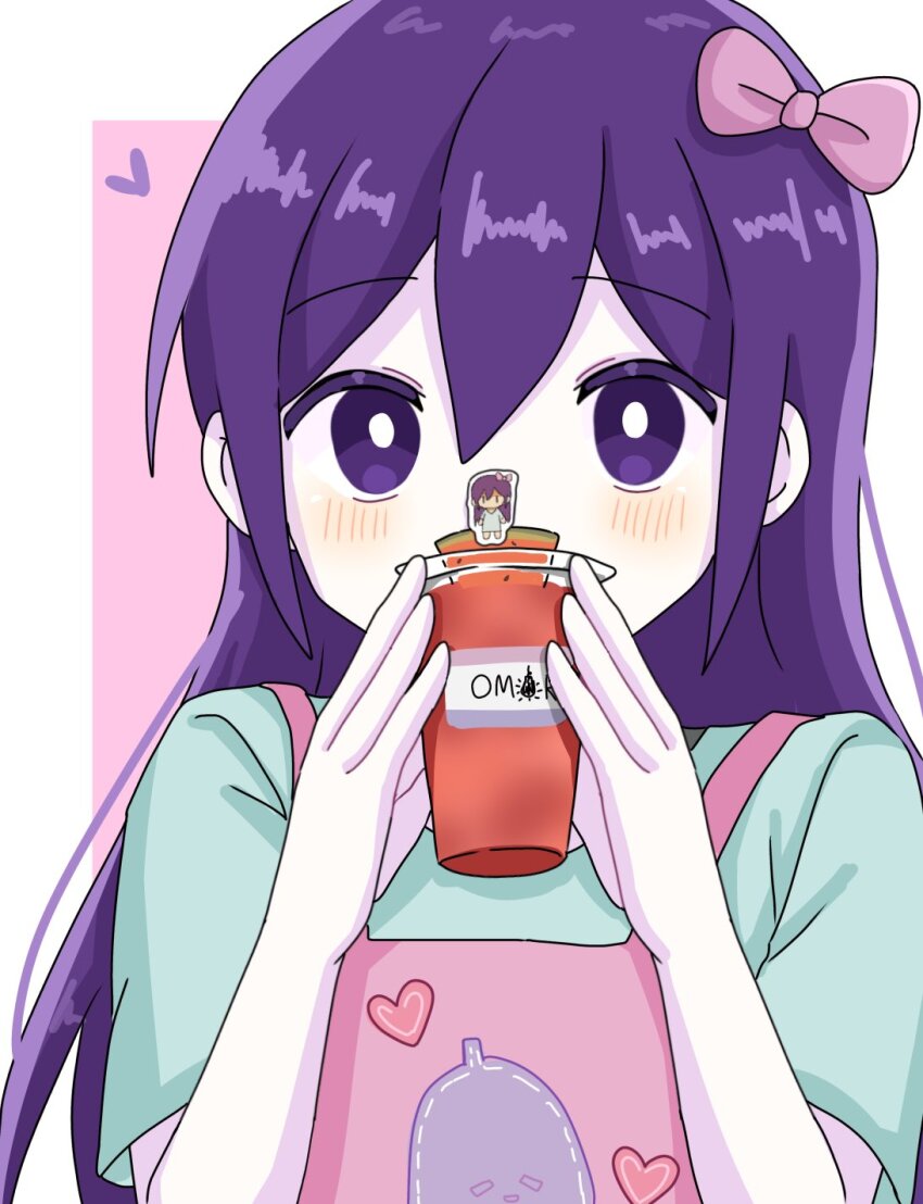 1girl, apron, aqua_shirt, aubrey_(headspace)_(omori), aubrey_(omori), bare_arms, blush, border