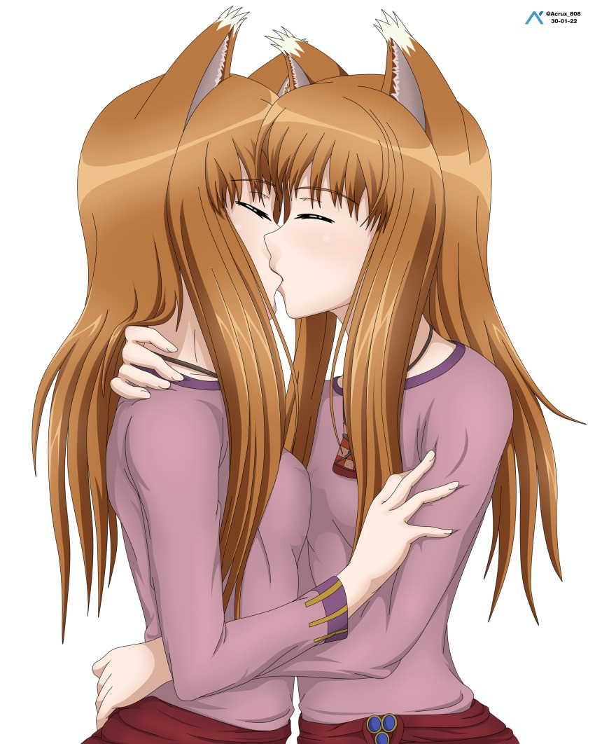 2girls, absurdres, acrux, animal_ear_fluff, animal_ears, artist_logo, artist_name, breasts, brown_hair, closed_eyes, commentary, commission, dated, english_commentary, hand_around_neck, hand_on_another's_arm, hand_on_another's_back, highres, holo, kiss, logo, long_hair, long_sidelocks, long_sleeves, multiple_girls, neck_pouch, pink_shirt, pouch, red_sash, sash, selfcest, shirt, sidelocks, simple_background, small_breasts, spice_and_wolf, time_paradox, upper_body, white_background, wolf_ears, wolf_girl, yuri