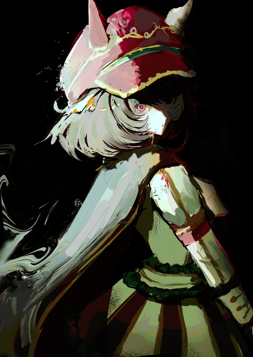 1girl, absurdres, animal_ears, brown_hair, cape, commentary_request, ear_covers, ears_through_headwear, hair_between_eyes, hat, highres, horse_ears, horse_girl, jacket, long_sleeves, looking_at_viewer, marche_lorraine_(umamusume), parted_lips, purple_eyes, sfnnezl_0u0, skirt, solo, umamusume, white_jacket, white_skirt