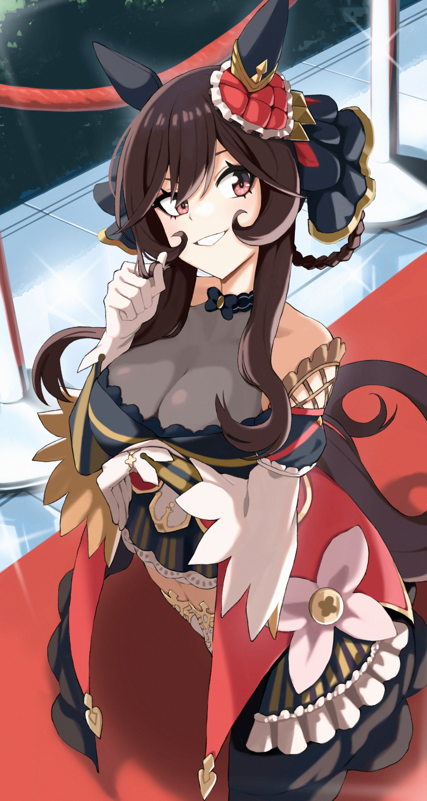 1girl, absurdres, animal_ears, arm_under_breasts, bare_shoulders, blush, braid, braided_hair_rings