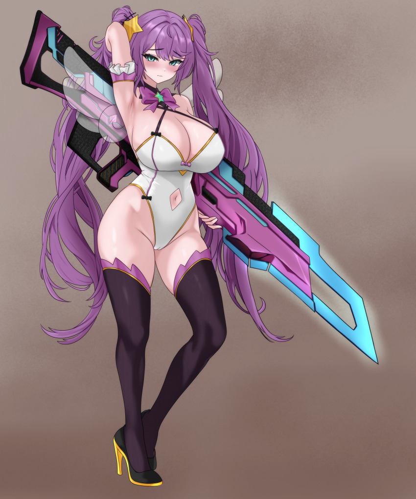 1girl, aqua_eyes, arm_up, armpits, bare_shoulders, black_shoes, black_thighhighs, blush, bowtie, breasts, brown_background, cameltoe, cleavage, closed_mouth, clothing_cutout, contrapposto, criss-cross_halter, curly_hair, detached_sleeves, embarrassed, frilled_sleeves, frills, full_body, gold_trim, groin, hair_between_eyes, hair_ornament, half-closed_eyes, halterneck, hand_in_own_hair, high_heels, high_twin_braids, holding, holding_weapon, large_breasts, large_weapon, leotard, long_hair, looking_at_viewer, navel, navel_cutout, original, purple_bow, purple_bowtie, purple_hair, purple_sleeves, raised_inner_eyebrows, shoes, short_sleeves, simple_background, solo, standing, star_(symbol), star_hair_ornament, swept_bangs, thighhighs, transparent_wings, twintails, very_long_hair, weapon, white_leotard, wings, yellow_shoes, yh_c