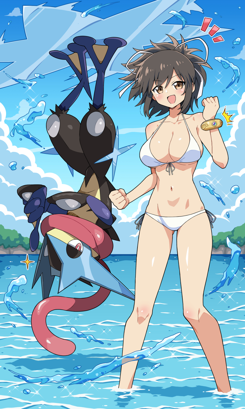 1girl, :d, absurdres, asuka_(senran_kagura), bikini, blue_sky, blush, breasts