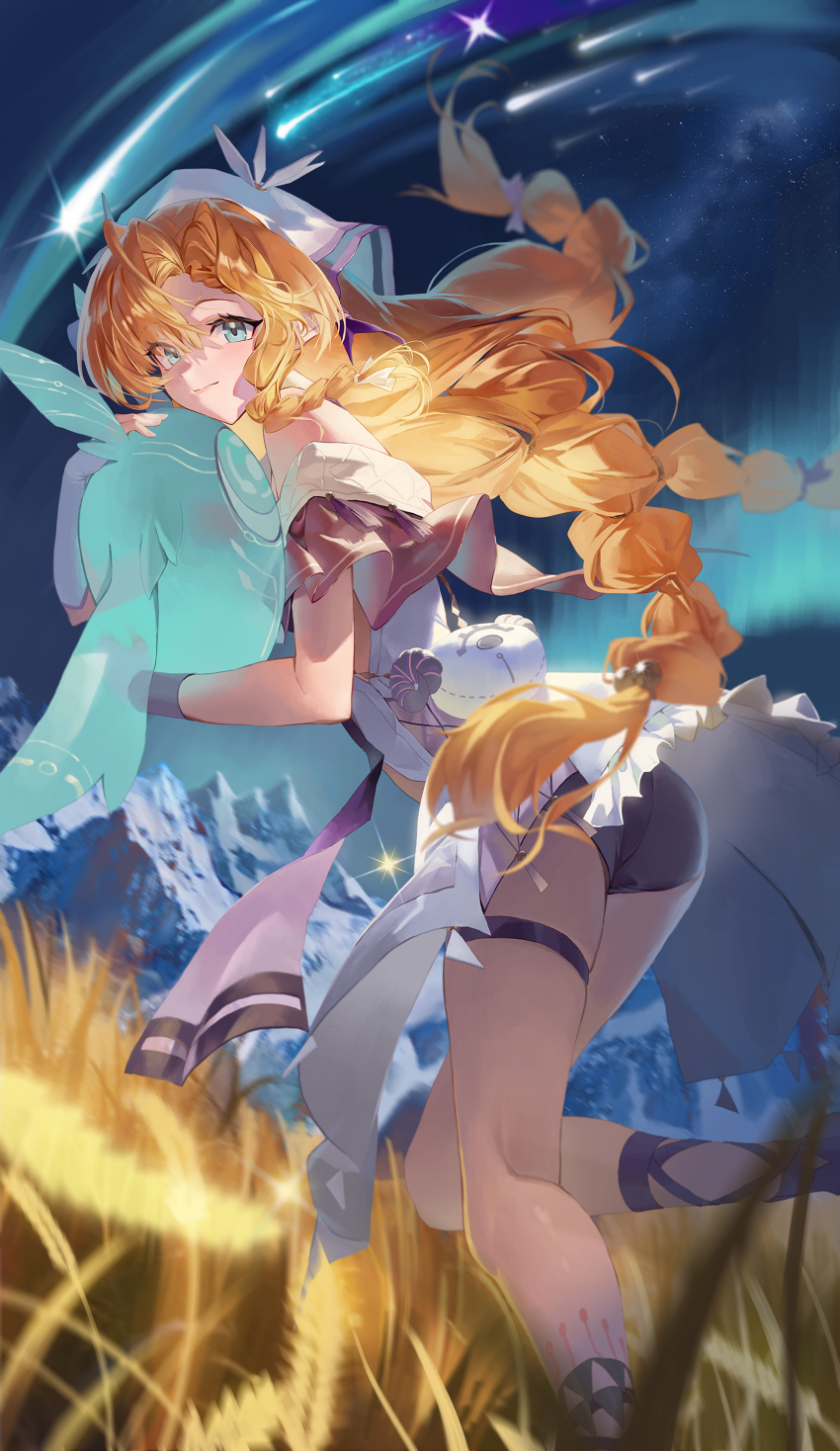 1girl, absurdres, aqua_eyes, aurora, bare_shoulders, braid, commentary_request, highres