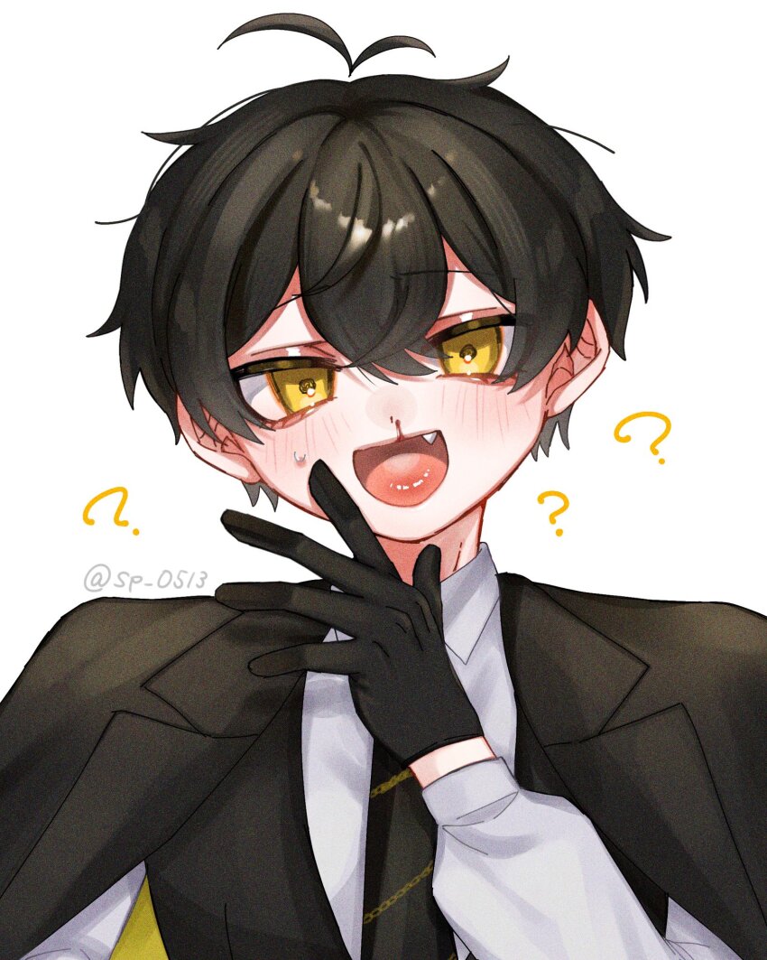 1boy, ?, antenna_hair, black_gloves, black_hair, black_jacket, black_necktie, black_vest