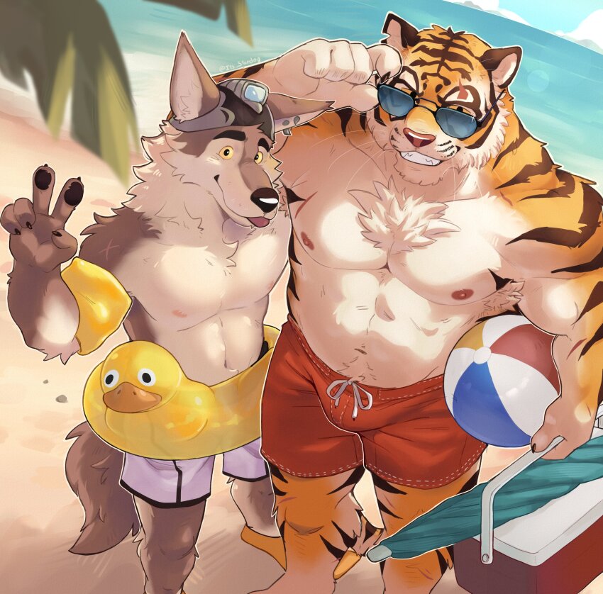 abs, absurdres, animal_ears, ball, bara, beach, beach_umbrella, beachball