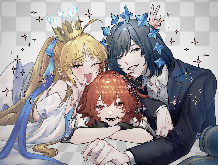 1boy, 2girls, absurdres, ahoge, artoria_caster_(fate), artoria_caster_(hopewill_camelot)_(fate), artoria_pendragon_(fate), black_gloves