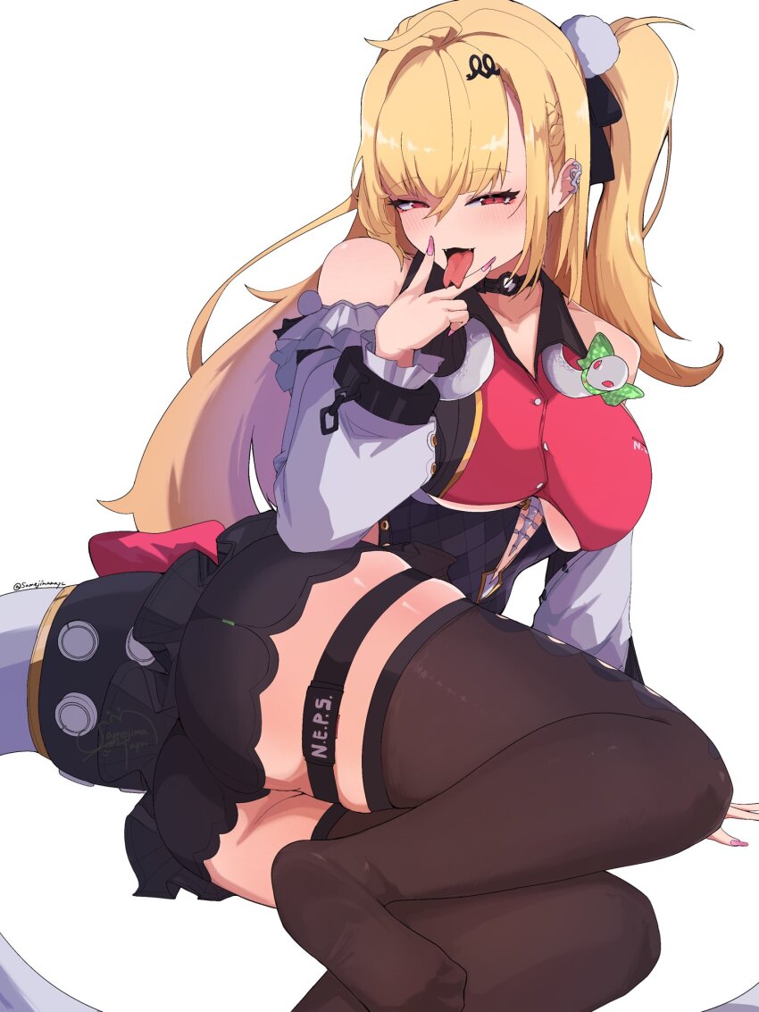 1girl, arm_support, ass, bare_shoulders, blonde_hair, blush, breasts, brown_thighhighs, cissia_(zenless_zone_zero), cleavage, commentary_request, detached_sleeves, feet, fingernails, forked_tongue, hair_between_eyes, hair_ornament, hairclip, half-closed_eyes, highres, long_hair, looking_at_viewer, metal_wrist_cuffs, no_shoes, open_mouth, pink_nails, pom_pom_(clothes), pom_pom_hair_ornament, red_eyes, samejimamayu, shock_collar, simple_background, snake, snake_girl, snake_tail, solo, tail, thighhighs, tongue, tongue_out, underboob, v, v_over_mouth, white_background, white_snake, zenless_zone_zero