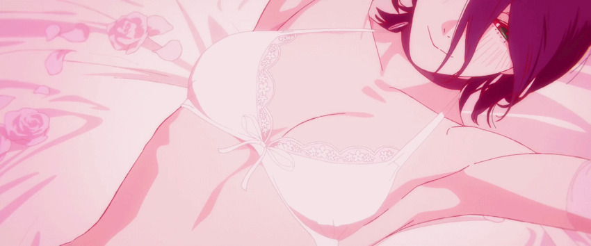 2girls, animated, animated_gif, anime_screenshot, blue_hair, blush, bow, bow_bra, bra, braid, braided_ponytail, chainsaw_man, elbow_gloves, flower, frilled_bra, frills, garter_belt, gloves, green_eyes, hair_between_eyes, lingerie, lips, long_hair, lying, makima_(chainsaw_man), multiple_girls, navel, on_back, on_bed, panties, petals, pink_gloves, red_hair, reze_(chainsaw_man), ringed_eyes, rose_petals, shoes, short_hair, teeth, thighhighs, underwear, underwear_only, white_bra, white_garter_belt, white_lingere, white_panties, white_thighhighs, yellow_eyes