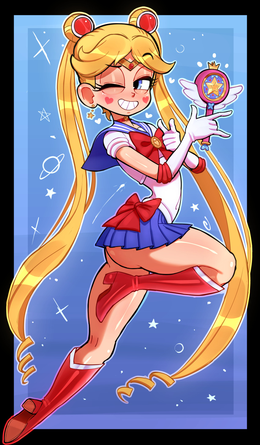 1girl, \m/, ass, bishoujo_senshi_sailor_moon, blonde_hair, blue_background, blue_eyes, blue_skirt