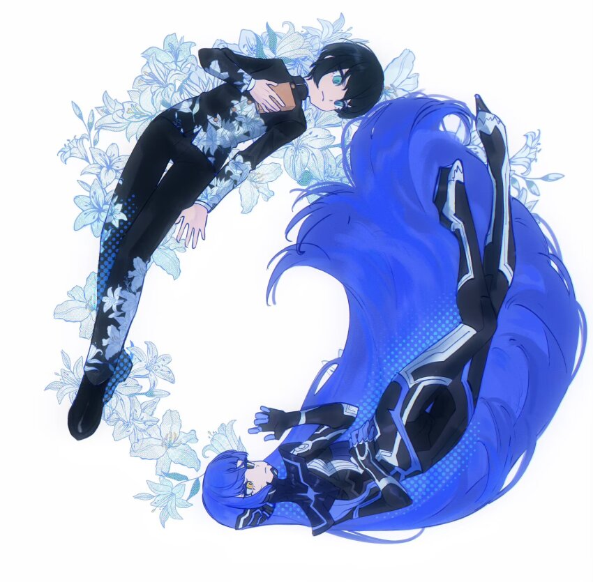 2boys, androgynous, aqua_eyes, azalea_(flower), black_bodysuit, black_hair, black_jacket, black_pants