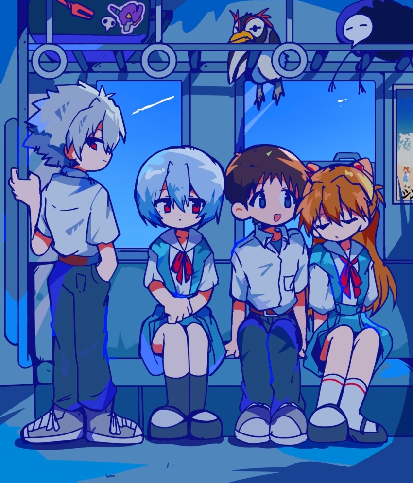 1other, 2girls, 3boys, ayanami_rei, belt, bird, black_shoes, blue_hair, brown_belt, commentary_request, eva_01, highres, ikari_shinji, mikiwo_eko53, multiple_boys, multiple_girls, nagisa_kaworu, neon_genesis_evangelion, open_mouth, orange_hair, penguin, penpen, red_eyes, red_ribbon, ribbon, sachiel_(evangelion), school_uniform, shirt, shoes, short_hair, sitting, sleeping, smile, socks, souryuu_asuka_langley, sticker, tokyo-3_middle_school_uniform, train_interior, white_shirt, white_socks