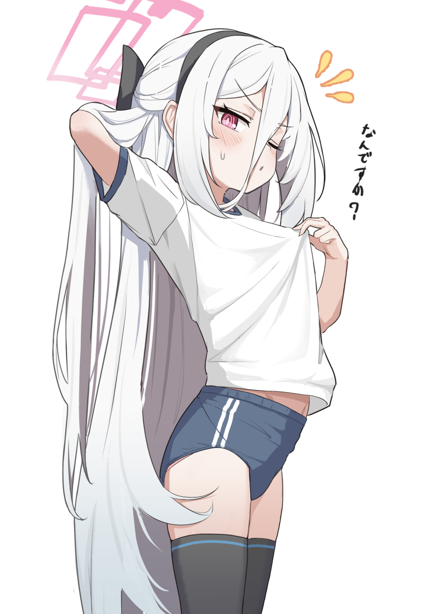 1girl, blue_archive, bow, clothes_lift, commentary_request, cowboy_shot, gym_shirt, gym_shorts