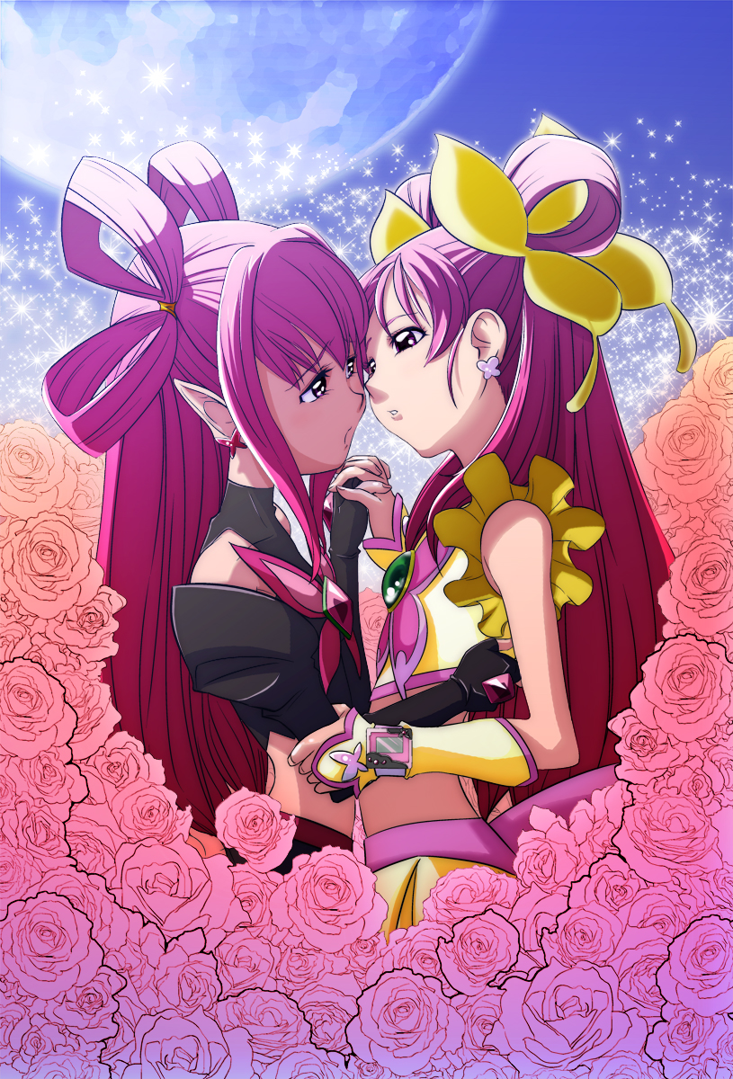 00s, 2girls, bug, butterfly, cure_dream, dark_cure_(precure), dark_dream, elf, eyelashes, flower, gloves, hair_rings, highres, imminent_kiss, long_hair, maboroshineko, magical_girl, midriff, multiple_girls, pink_hair, pink_rose, pointy_ears, precure, red_eyes, rose, yes!_precure_5, yumehara_nozomi, yuri