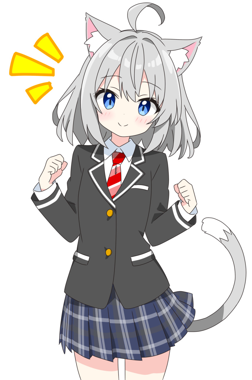 1girl, ahoge, animal_ear_fluff, animal_ears, black_jacket, blazer, blue_eyes, blue_skirt