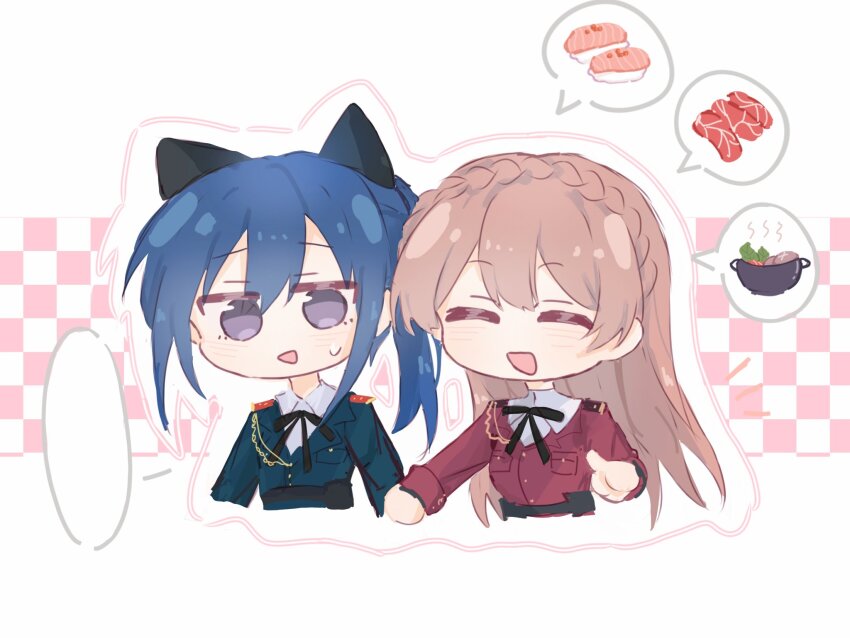 2girls, :d, ^_^, aiguillette, animal_ears, arm_at_side, assault_lily, black_ribbon