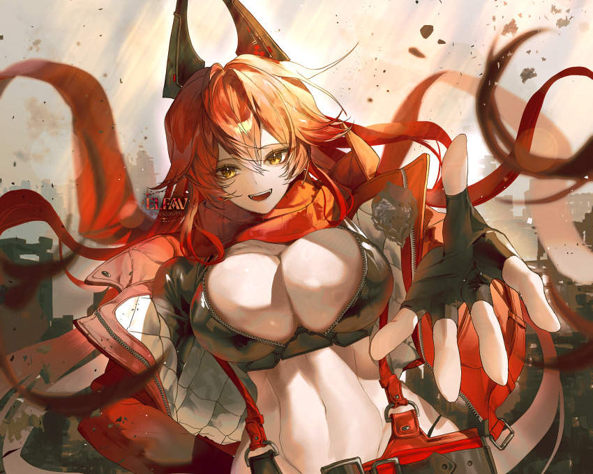 1girl, black_gloves, blush, breasts, cleavage, commentary, elfav, english_commentary, fingerless_gloves, gloves, goddess_of_victory:_nikke, hair_between_eyes, highres, horns, jacket, large_breasts, leather, leather_jacket, long_hair, looking_at_viewer, mechanical_horns, navel, open_clothes, open_jacket, open_mouth, outstretched_arm, red_hair, red_hood_(nikke), red_scarf, scarf, smile, solo, stomach, suspenders, very_long_hair, yellow_eyes